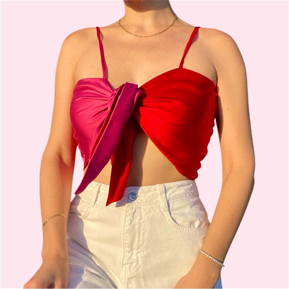 Satin Wrap Red and Pink crop colorblock Top